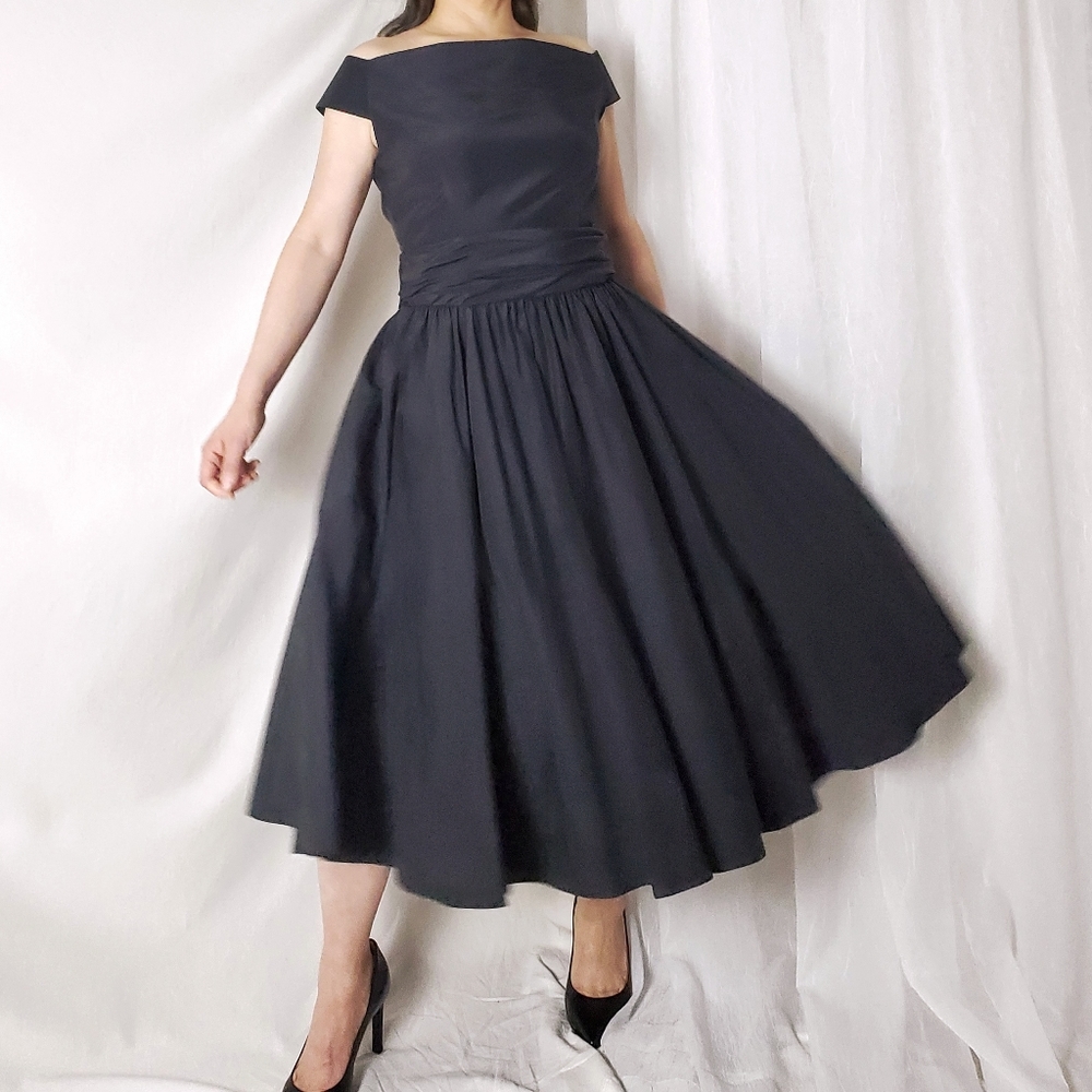 J. Peterman Retro Black Off Shoulder Midi Dress 8